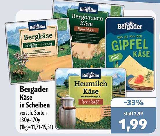 Bergader Käse in Scheiben versch. Sorten 130g-170g (1kg=11,71-15,31)