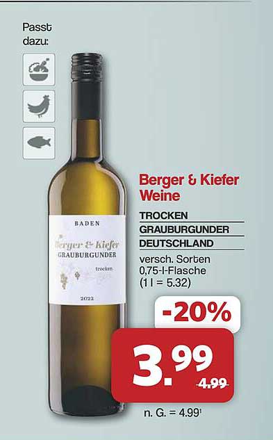 Berger & Kiefer Weine TROCKEN GRAUBURGUNDER DEUTSCHLAND versch. Sorten, 0,75-l-Flasche (1 l = 5.32)