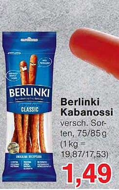 Berlinki Kabanossi versch. Sorten, 75/85g (1 kg = 19,87/17,53)