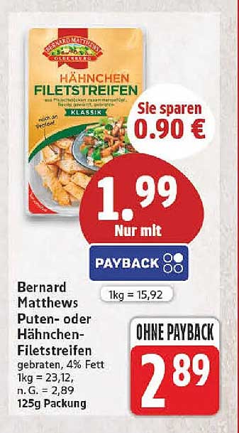 Bernard Matthews Puten- oder Hähnchen-Filetstreifen gebraten, 4% Fett 125g Packung