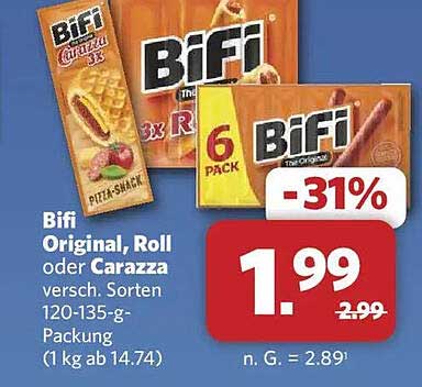Bifi Original, Roll oder Carazza versch. Sorten 120-135-g-Packung (1 kg ab 14.74)