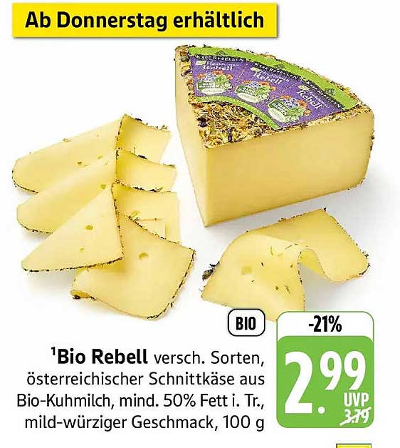 Bio Rebell versch. Sorten, österreichischer Schnittkäse aus Bio-Kuhmilch, mind. 50% Fett i. Tr., mild-würziger Geschmack, 100 g