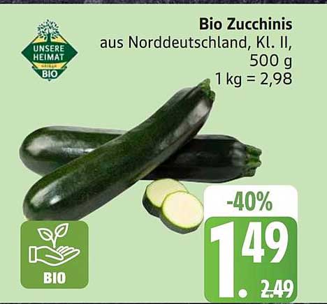 Bio Zucchini aus Norddeutschland, Kl. II, 500 g 1 kg = 2,98