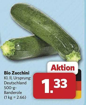 Bio Zucchini Kl. II, Ursprung: Deutschland 500-g-Banderole (1 kg = 2.66)