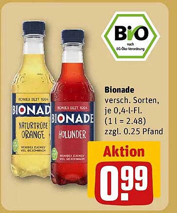 Bionade versch. Sorten, je 0,4-l-Fl. (1 l = 2.48) zzgl. 0.25 Pfand