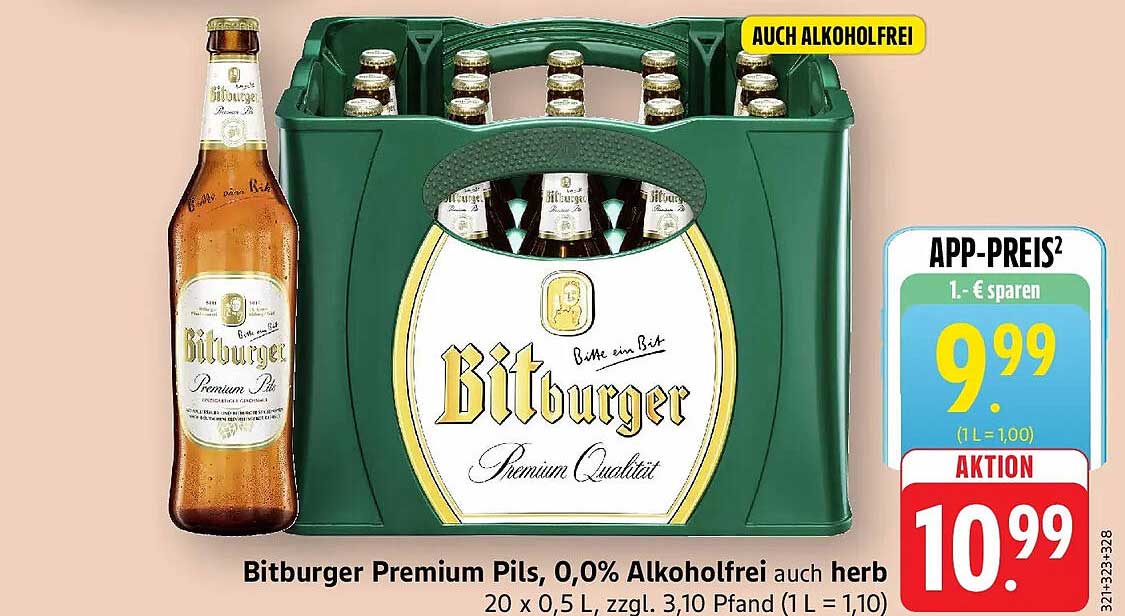 Bitburger Premium Pils, 0,0% Alkoholfrei auch herb