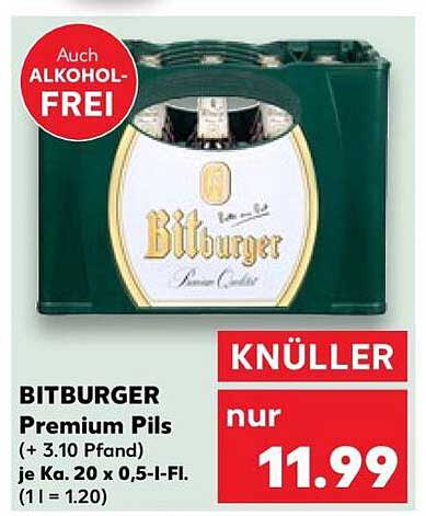 BITBURGER Premium Pils (+ 3.10 Pfand) je Ka. 20 x 0,5-l-Fl. (1 l = 1.20)