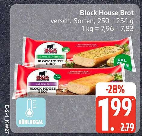 Block House Brot versh. Sorten, 250 - 254 g 1 kg = 7,96 - 7,83