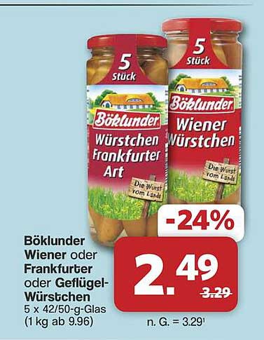 Böklunder Wiener oder Frankfurter oder Geflügel-Würstchen 5 x 42/50-g-Glas (1 kg ab 9.96)