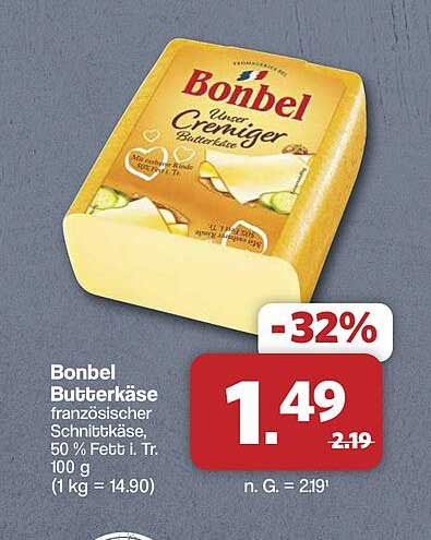 Bonbel Butterkäse französischer Schnittkäse, 50 % Fett i. Tr. 100 g (1 kg = 14.90)