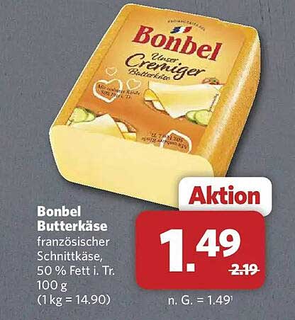 Bonbel Butterkäse französischer Schnittkäse, 50 % Fett i. Tr. 100 g (1 kg = 14.90)