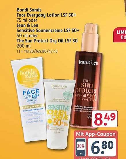 Bondi Sands Face Everyday Lotion LSF 50+ 75 ml oder Jean & Len Sensitive Sonnencreme LSF 50+ 50 ml oder The Sun Protect Dry Oil LSF 30 200 ml