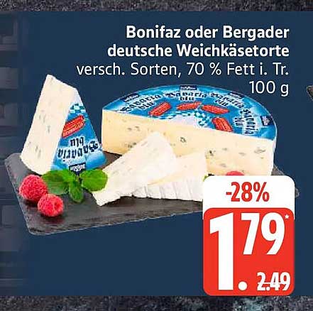 Bonifaz oder Bergader deutsche Weichkäsesorte versch. Sorten, 70 % Fett i. Tr. 100 g