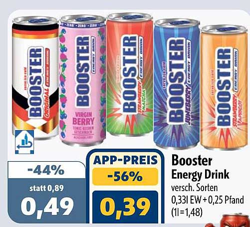 Booster Energy Drink versch. Sorten 0,33l EW +0,25 Pfand (1l=1,48)