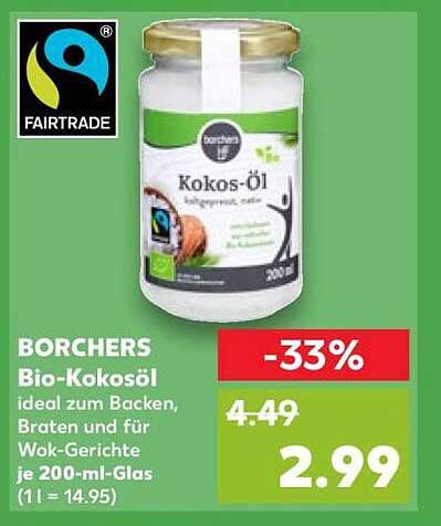 BORCHERS Bio-Kokosöl ideal zum Backen, Braten und für Wok-Gerichte je 200-ml-Glas (1 l = 14.95)