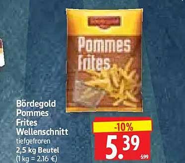 Bördegold Pommes Frites Wellenschnitt tiefgefroren 2,5 kg Beutel (1 kg = 2,16 €)
