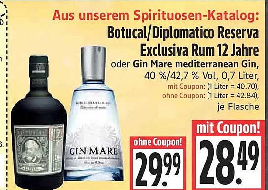 Botucal/Diplomatico Reserva Exclusiva Rum 12 Jahre oder Gin Mare mediterranean Gin, 40 %/42,7 % Vol, 0,7 Liter, je Flasche