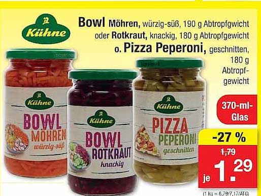 Bowl Möhren, würzig-süß, 190 g Abtropfgewicht oder Rotkraut, knackig, 180 g Abtropfgewicht o. Pizza Peperoni, geschnitten, 180 g Abtropfgewicht