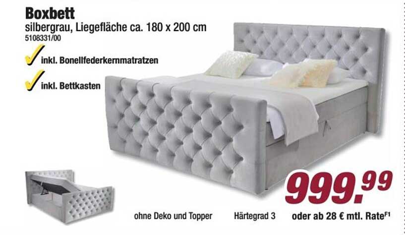 Boxbett silbergrau, Liegefläche ca. 180 x 200 cm
