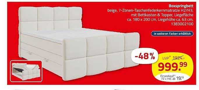 Boxspringbett beige, 7-Zonen-Taschenfederkernmatratze H2/H3, mit Bettkasten & Topper, Liegefläche ca. 180 x 200 cm, Liegehöhe ca 63 cm, 1383002100