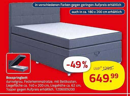 Boxspringbett dunkelgrau, Federkernmatratze, mit Bettkasten, Liegefläche ca. 140 x 200 cm, Liegehöhe ca. 62 cm, Topper gegen Aufpreis erhältlich, 1206009200