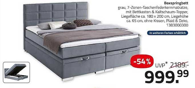 Boxspringbett grau, 7-Zonen-Taschenfederkernmatratze, mit Bettkasten & Kaltschaum-Topper, Liegefläche ca. 180 x 200 cm, Liegehöhe ca. 65 cm, ohne Kissen, Plaid & Deko, 138300300