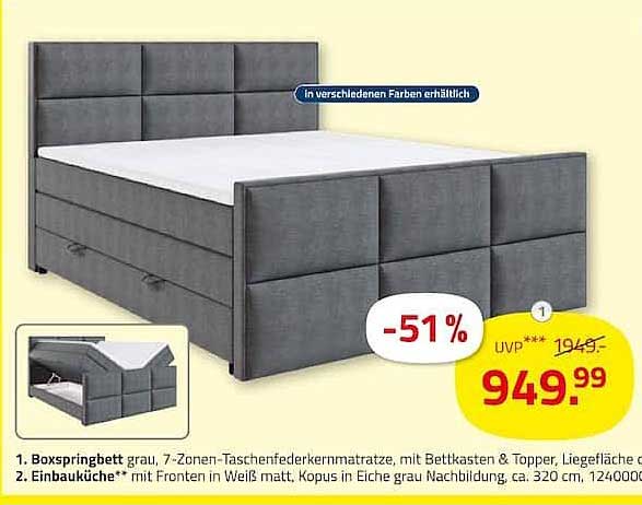 Boxspringbett grau, 7-Zonen-Taschenfederkernmatratze, mit Bettkasten & Topper, Liegefläche ca.