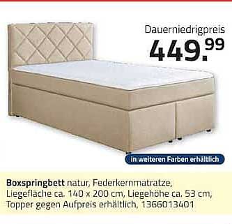 Boxspringbett natur, Federkernmatratze, Liegefläche ca. 140 x 200 cm, Liegehöhe ca. 53 cm, Topper gegen Aufpreis erhältlich, 1366013401