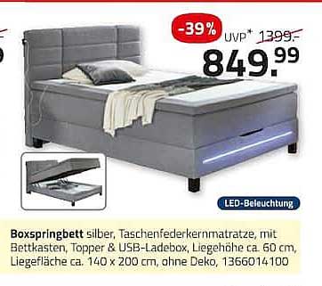 Boxspringbett silber, Taschenfederkernmatratze, mit Bettkasten, Topper & USB-Ladebox, Liegehöhe ca. 60 cm, Liegefläche ca. 140 x 200 cm, 13666014100