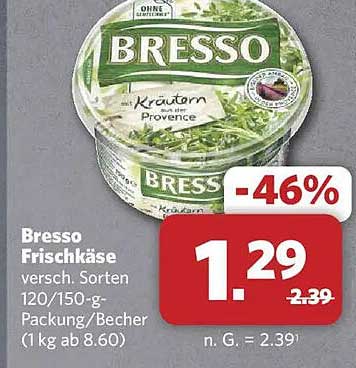 Bresso Frischkäse versch. Sorten 120/150-g-Packung/Becher (1 kg ab 8.60)