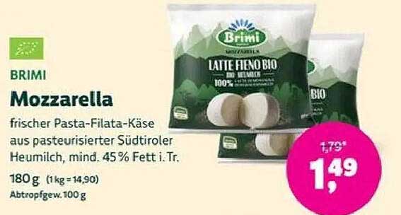 BRIMI Mozzarella frischer Pasta-Filata-Käse aus pasteurisierter Südtiroler Heumilch, mind. 45% Fett i. Tr.