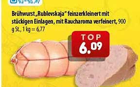 Brühwurst „Rublevskaja“ feingekörnelt mit stückigen Einlagen, mit Raucharoma verfeinert, 900 g, 1 kg = 6,77