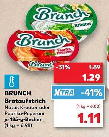 BRUNCH Brotaufstrich Natur, Kräuter oder Paprika-Peperoni je 185-g-Becher (1 kg = 6.98)