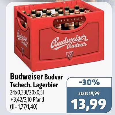 Budweiser Budvar Tschech. Lagerbier 24x0,33l/20x0,5l +3,42/310 Pfand (1l=1,77/1,40)