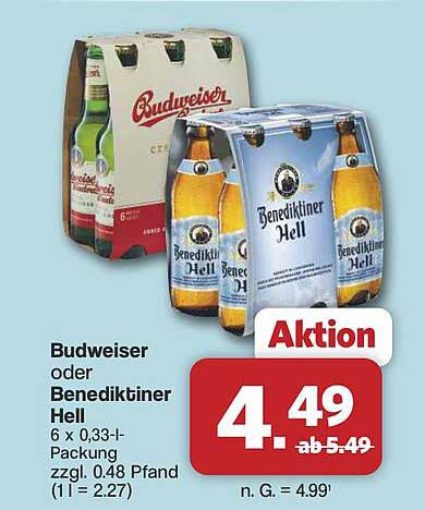 Budweiser oder Benediktiner Hell 6 x 0,33l-Packung