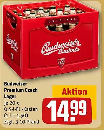 Budweiser Premium Czech Lager je 20 x 0,5-l-Fl.-Kasten (1 l = 1.50) zzgl. 3.10 Pfand