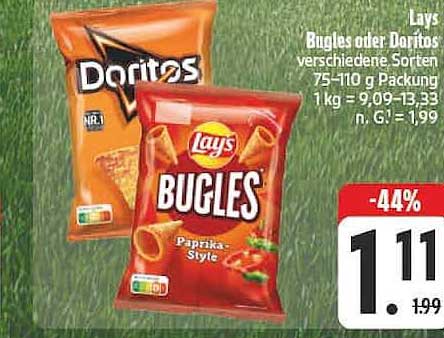 Bugles oder Doritos verschiedene Sorten 75-110 g Packung 1 kg = 9,09-13,33 n. G. = 1,99