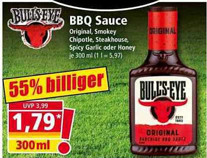 BULL'S-EYE BBQ Sauce Original, Smokehouse, Chipotle, Steakhouse, Spicy Garlic oder Honey je 300 ml