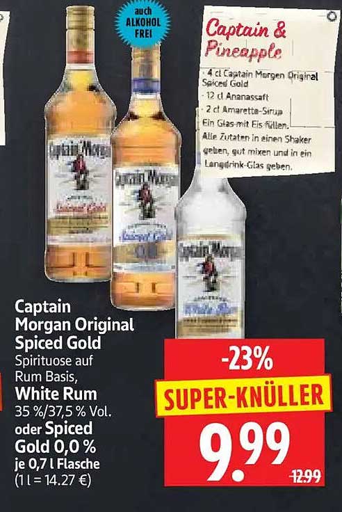 Captain Morgan Original Spiced Gold Spirituose auf Rum Basis, White Rum 35 %/37,5 % Vol. oder Spiced Gold 0,0 % je 0,7 l Flasche