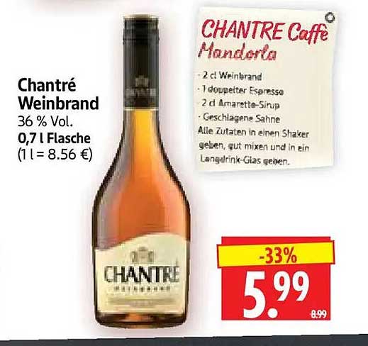 Chantré Weinbrand 36 % Vol. 0,7 l Flasche (1 l = 8.56 €)