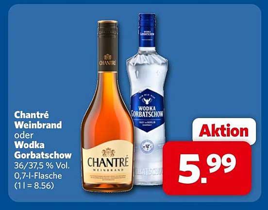 Chantré Weinbrand oder Wodka Gorbatschow 36/37,5 % Vol. 0,7-L-Flasche (1 l = 8.56)