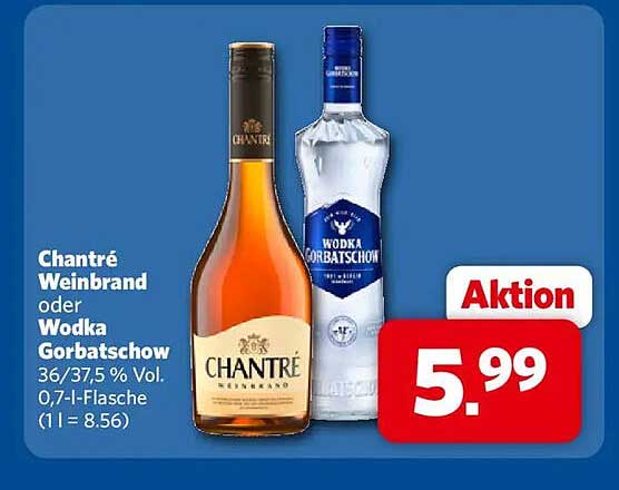 Chantré Weinbrand oder Wodka Gorbatschow 36/37,5 % Vol. 0,7-l-Flasche