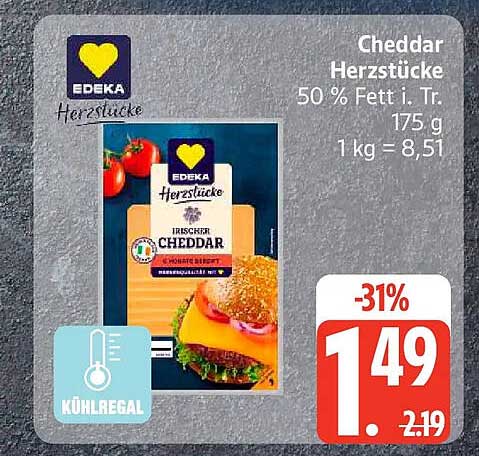 Cheddar Herzstücke 50 % Fett i. Tr. 175 g 1 kg = 8,51
