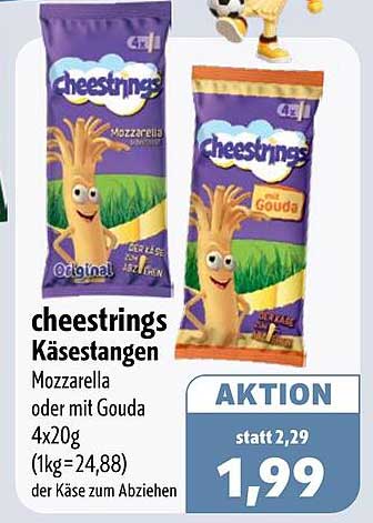 cheestrings Käsestangen Mozzarella oder mit Gouda 4x20g (1kg=24,88) der Käse zum Abziehen