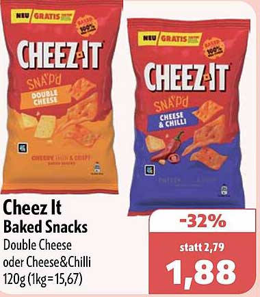 Cheez It Baked Snacks Double Cheese oder Cheese&Chilli 120g (1kg=15,67)