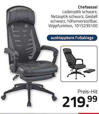 Chefsessel, Lederoptik schwarz, Netzoptik schwarz, Gestell schwarz, höhenverstellbar, Wippfunktion, 1015239100 ausklappbare Fußablage Preis-Hit