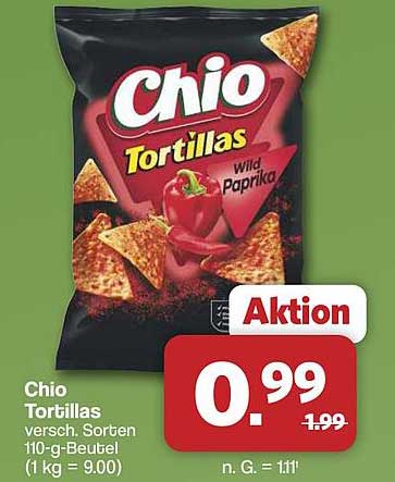Chio Tortillas versch. Sorten 110-g-Beutel (1 kg = 9.00)