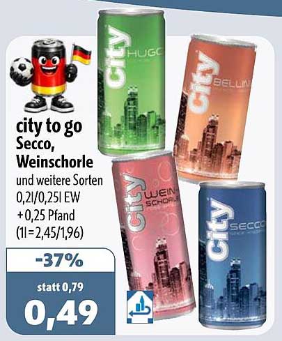 city to go Secco, Weinschorle und weitere Sorten 0,2l/0,25l EW +0,25 Pfand (1l=2,45/1,96)