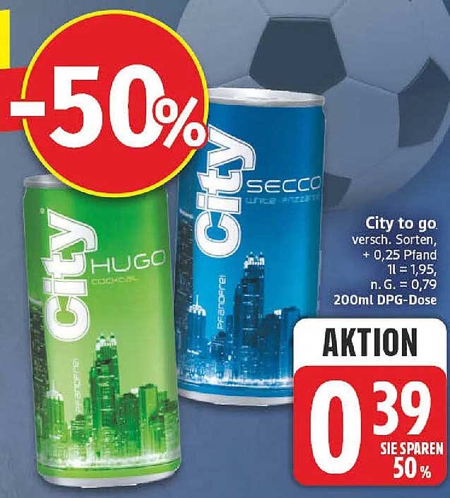 City to go, versch. Sorten, + 0,25 Pfand, 1l = 1,95, n. G. = 0,79, 200ml DPG-Dose
