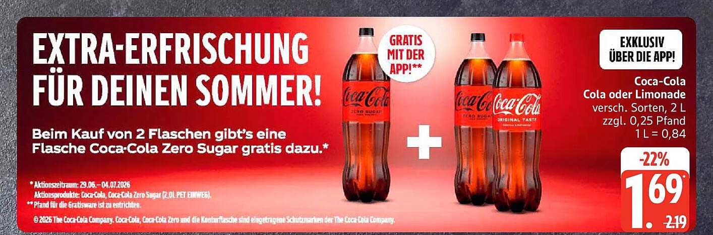 Coca-Cola Cola oder Limonade versch. Sorten, 2 l zzgl. 0,25 Pfand 1 L = 0,84